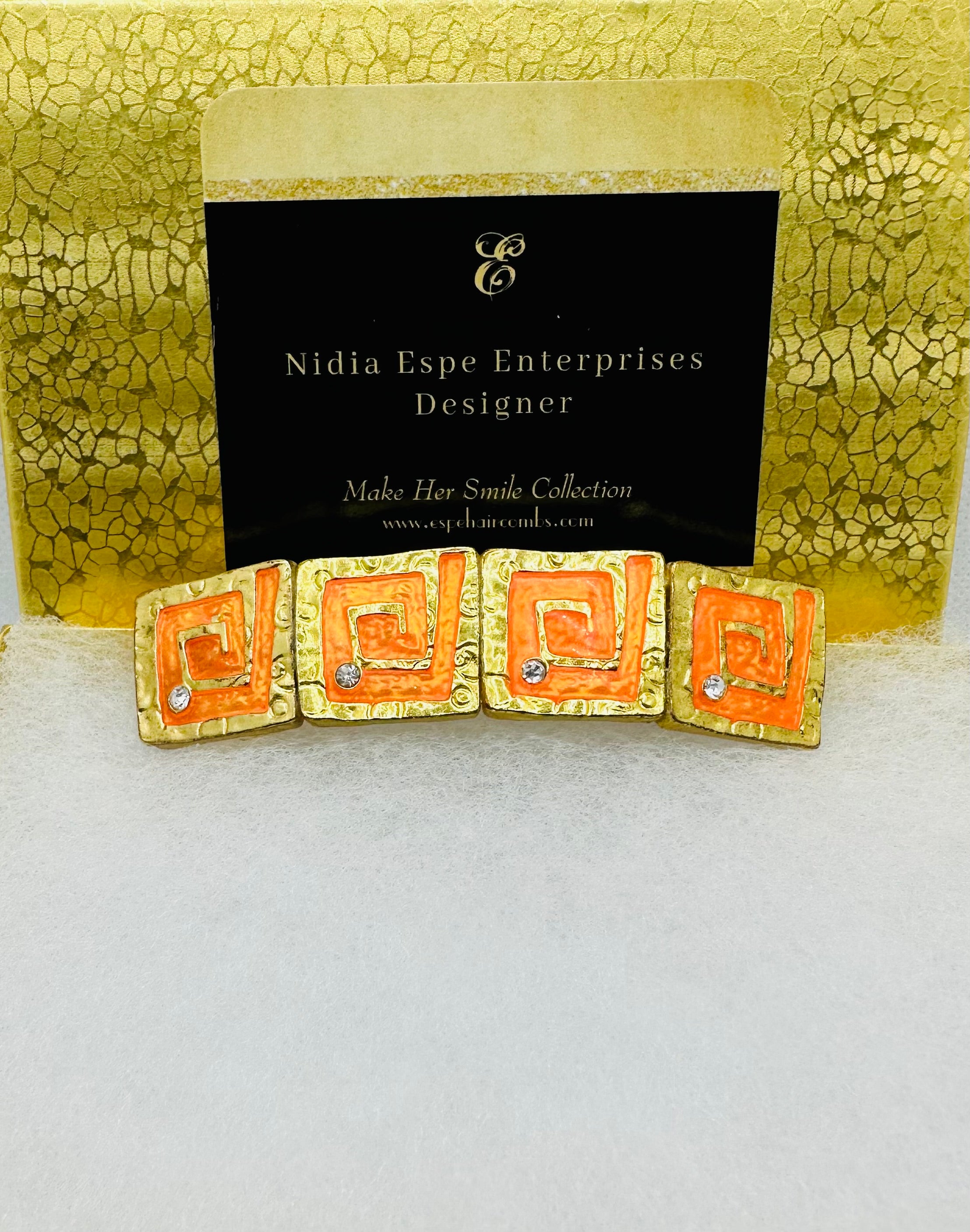 DP-215  GREEK KEY | BRIGHT GOLD METAL IN ORANGE COLOR WITH SPARKLY GLASS DIAMONDS