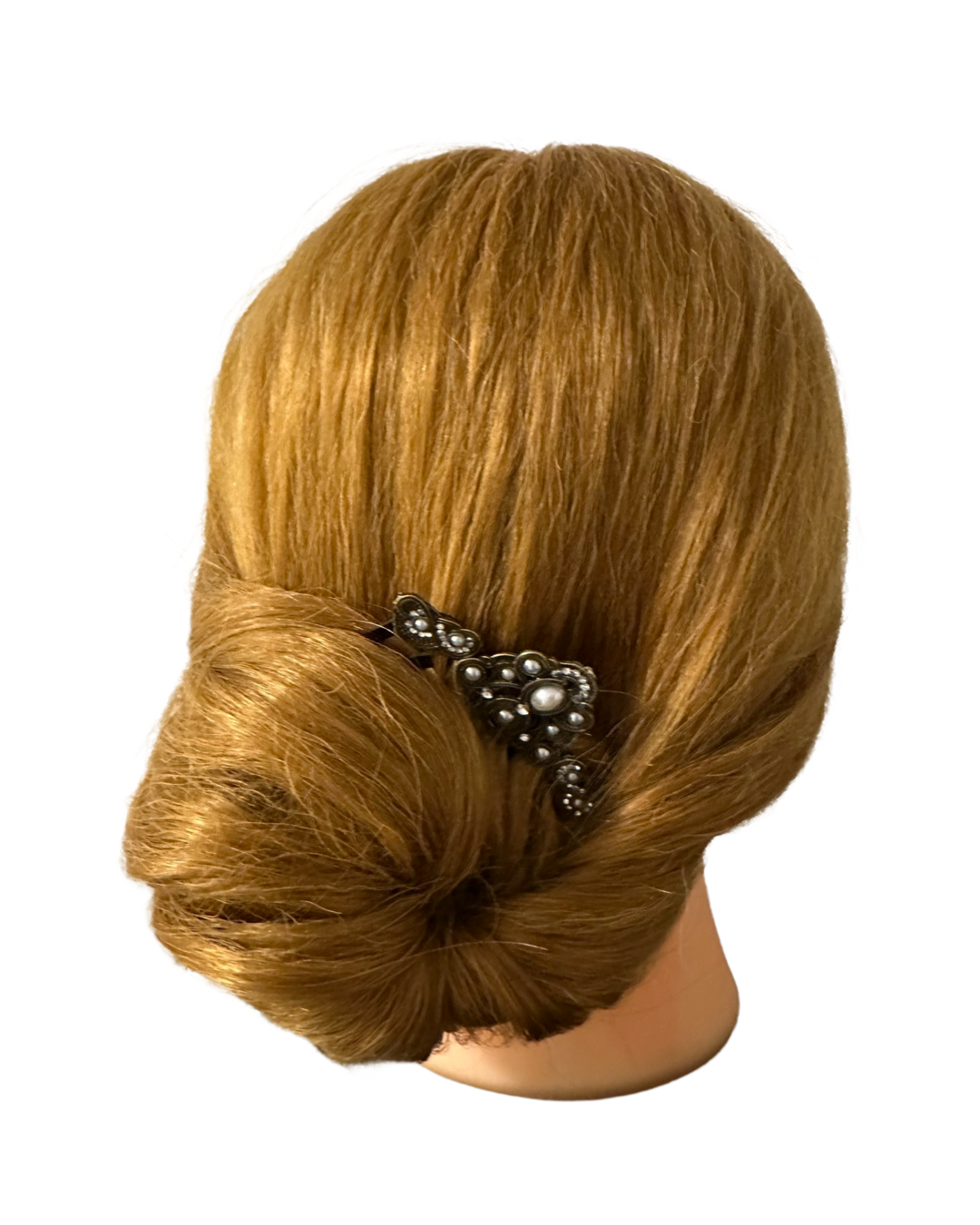 DP-296 MARQUEZA | BRONZE BEADS WITH SHINY STONES AND GRAY PEARLS BEADS IN BLACK METAL HAIRCOMBS