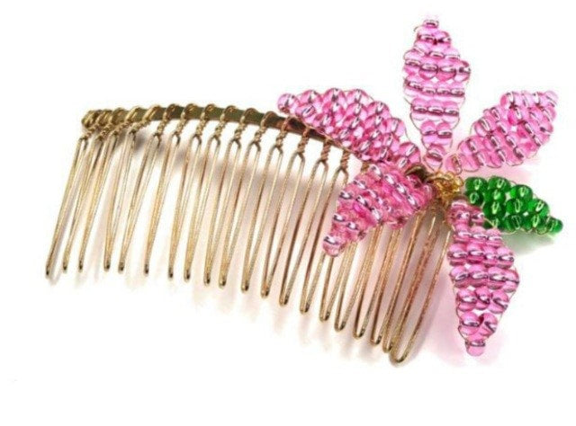 DP-169  DESTELLO | PINK CLEAR BEAD FLOWER W/GREEN BEAD LEAVE