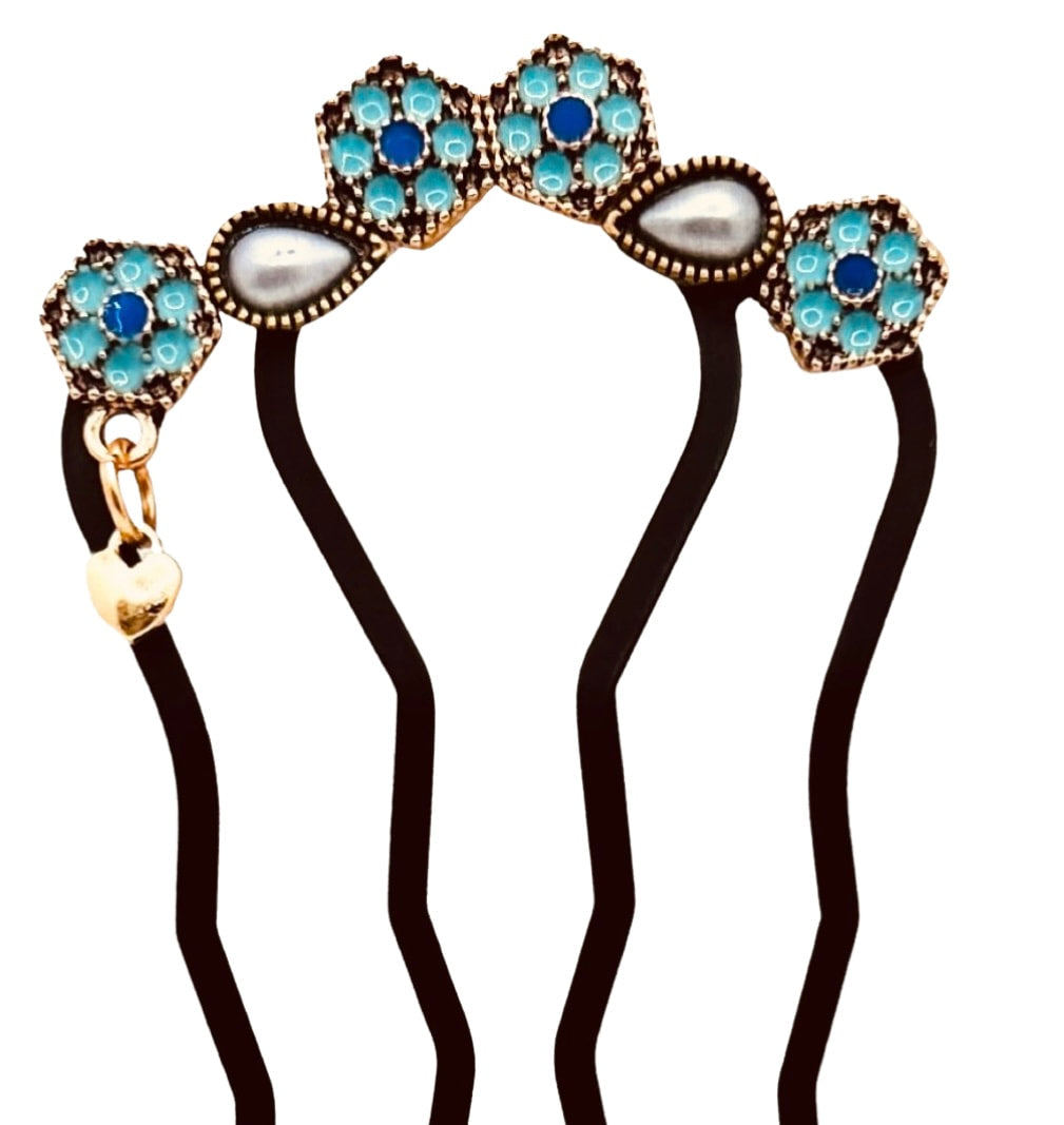 DP-307 AGATHA | LIGHT BLUE, DARK BLUE FLOWERS AND GRAY DROPS BEADS IN GOLD METAL