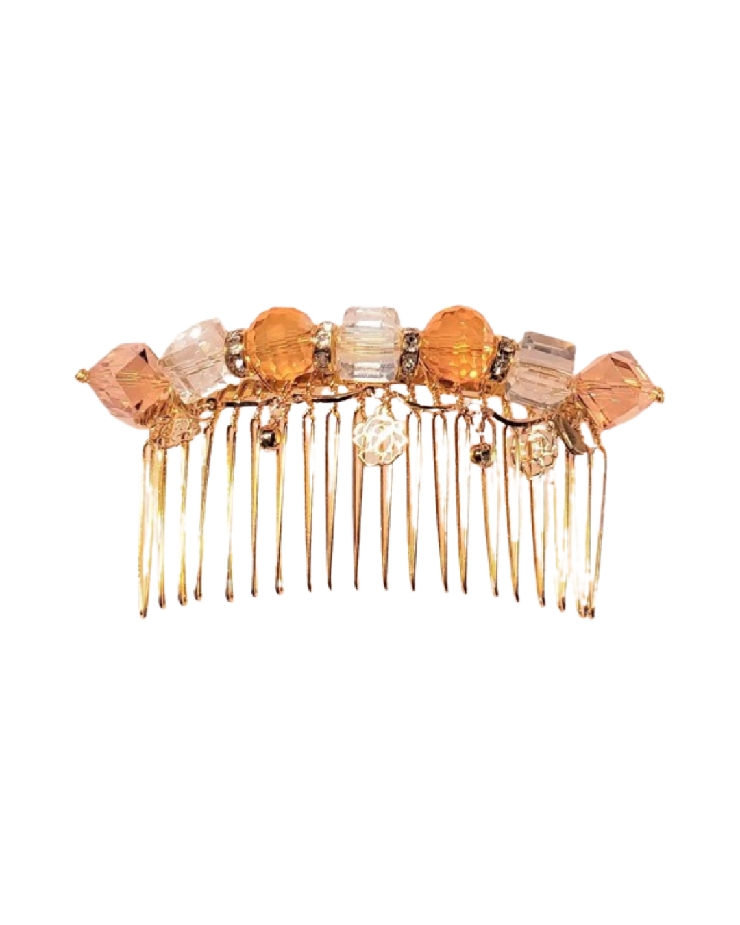 DP-99  SUNSHINE 2 / ORANGE-CLEAR GLASS BEADS W/ GLASS DIAMONDS- GOLD METAL FLOWERS