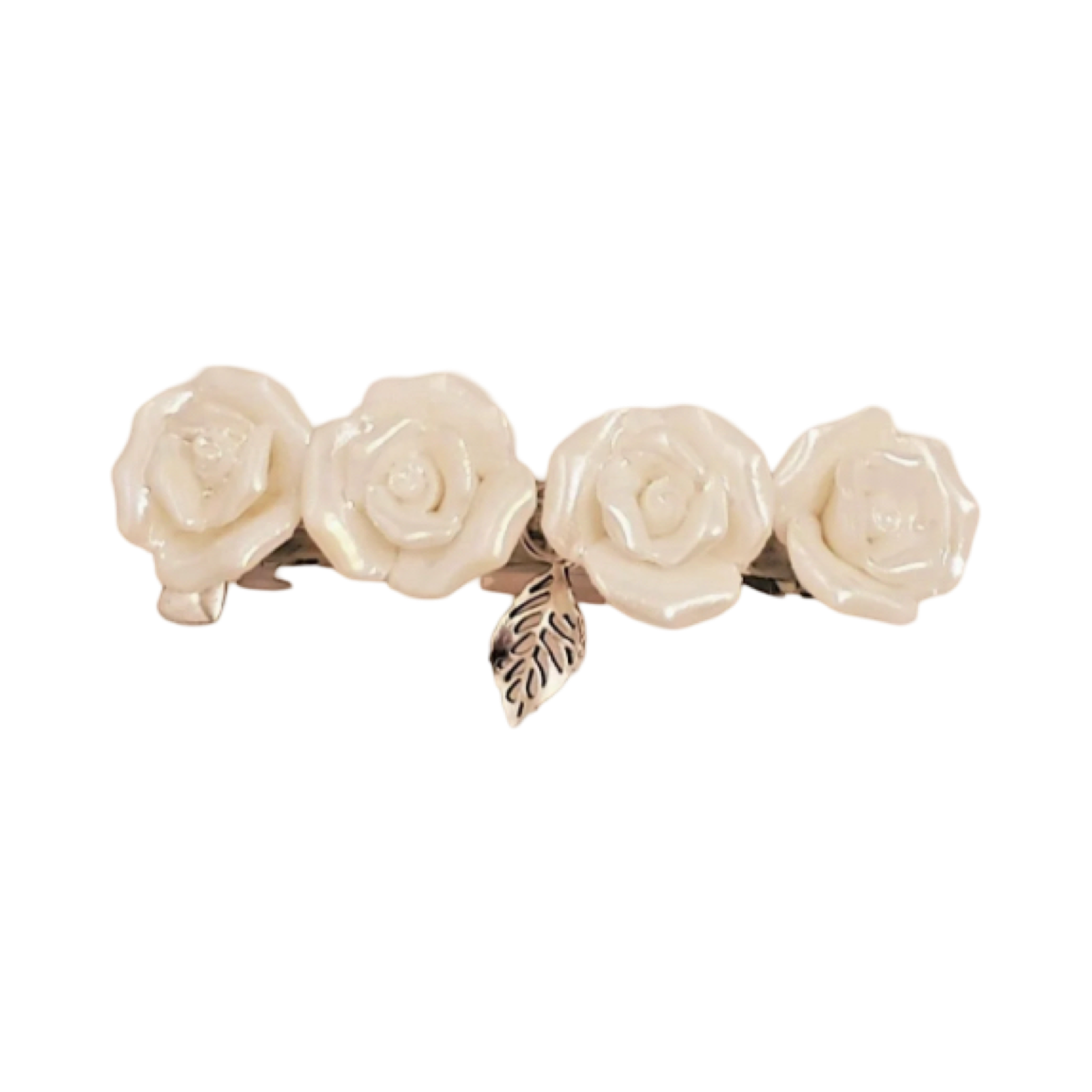 DP-144  PURENESS 2/WHITE CERAMIC FLOWERS BEADS WITH A SILVER METAL LEAVE