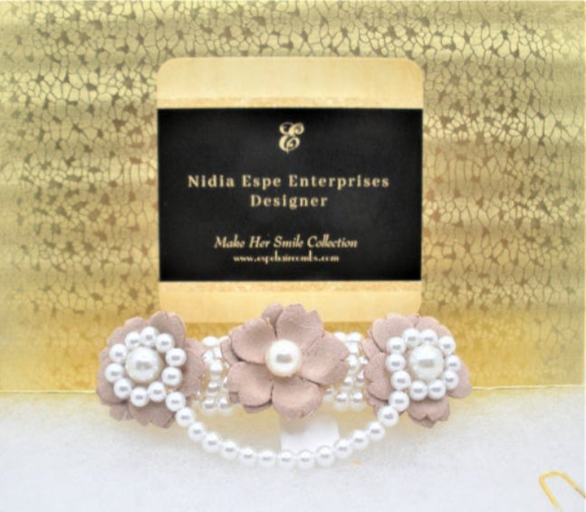 DP-198  ZENITH | FABRIC FLOWERS IN KHAKI COLOR WITH WHITE PEARLS