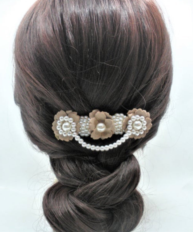 DP-198  ZENITH | FABRIC FLOWERS IN KHAKI COLOR WITH WHITE PEARLS