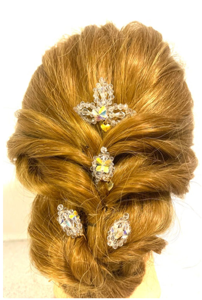 DP-234A  INSPIRATION | A PAIR OF GLASS BEADS HAIR PINS WITH A CRYSTAL BUTTERFLY-SILVER