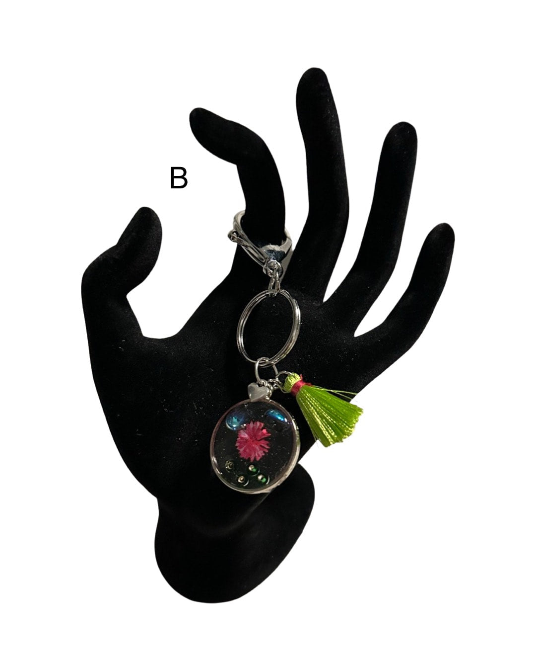 DP-271   SOUVENIR | SMALL(CHICO) KEYRING MADE WITH COLORFUL BEADS, GLITTER, SEQUENCES AND RESIN IN SILVER METAL