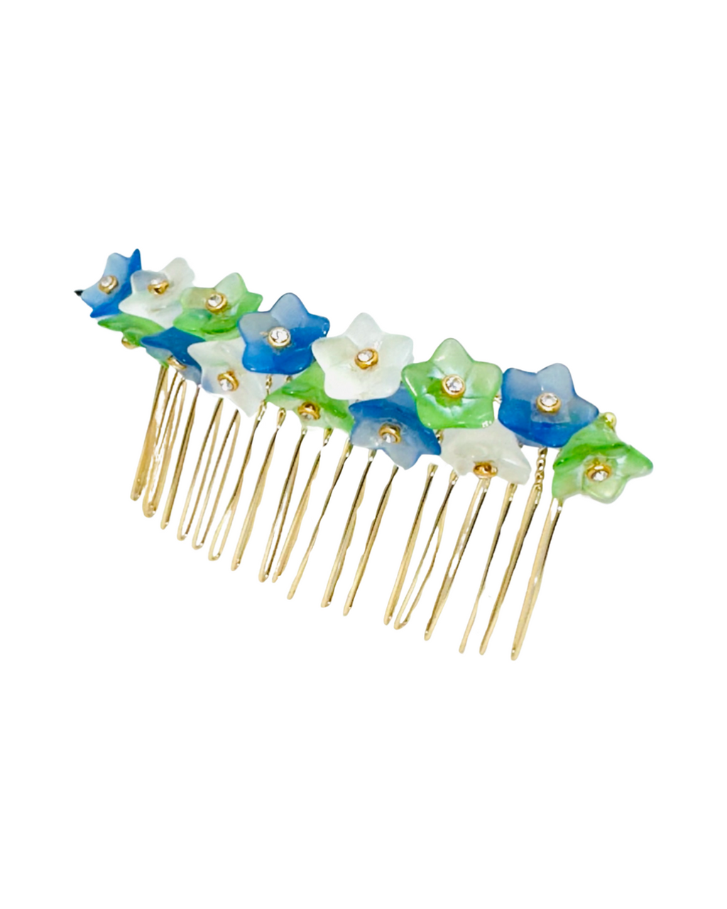 DP-274 BELIEVE | GREEN , BLUE & WHITE GLASS FLOWERS WITH GLASS DIAMONDS.