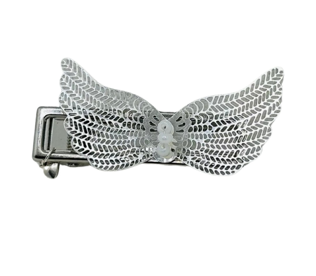 DP-298 WINGS 2 | SILVER FILIGREE ANGEL WINGS WITH TINY WHITE BEADS IN SILVER METAL