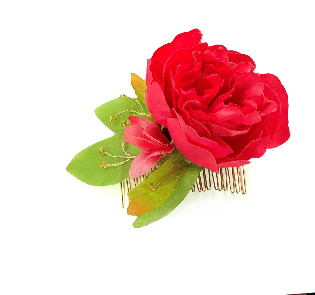 DP-170  ROSETTE | FABRIC HOT PINK FLOWER W/GREEN LEAVE AND W/GOLD BEADS
