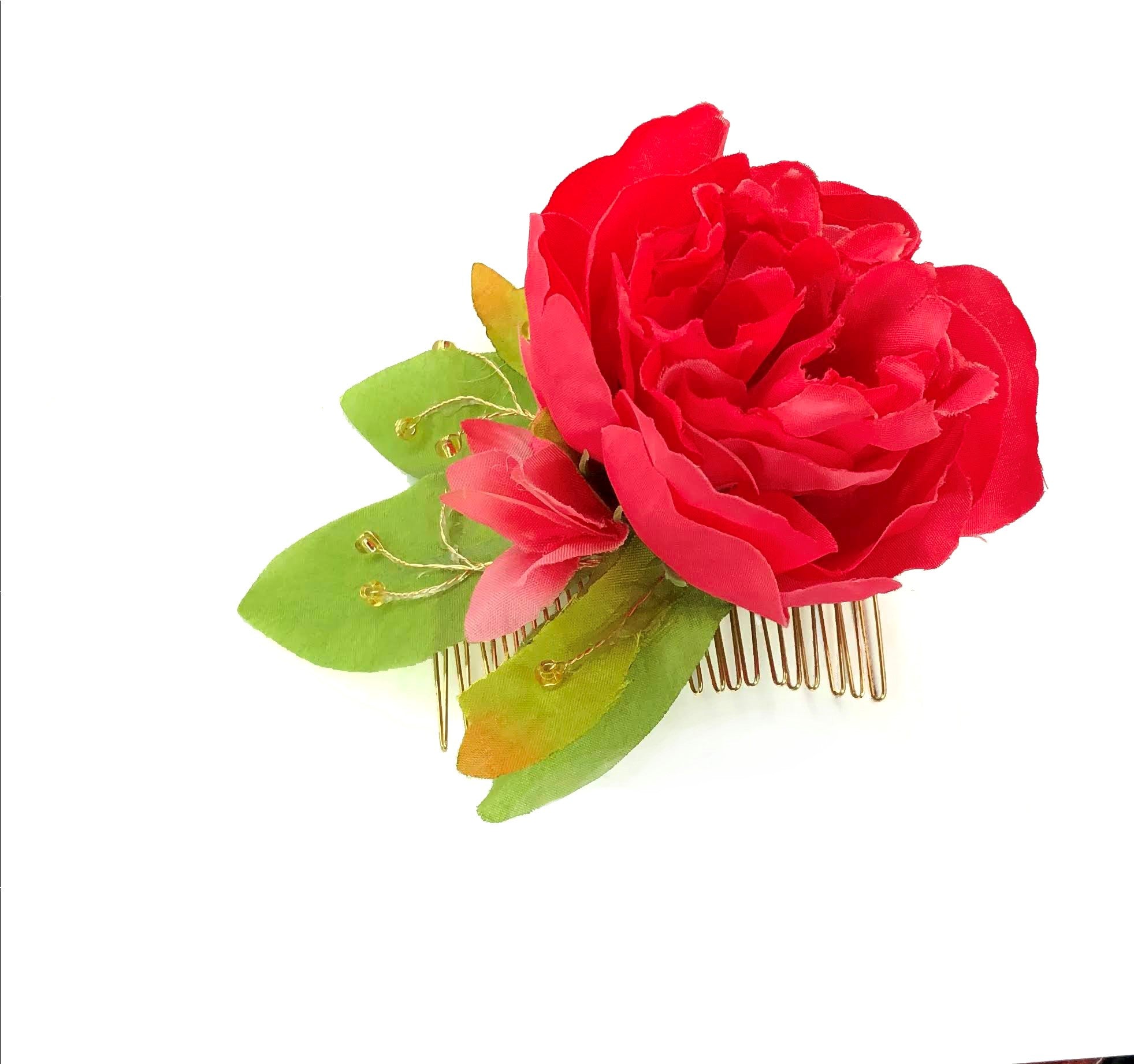 DP-170  ROSETTE | FABRIC HOT PINK FLOWER W/GREEN LEAVE AND W/GOLD BEADS