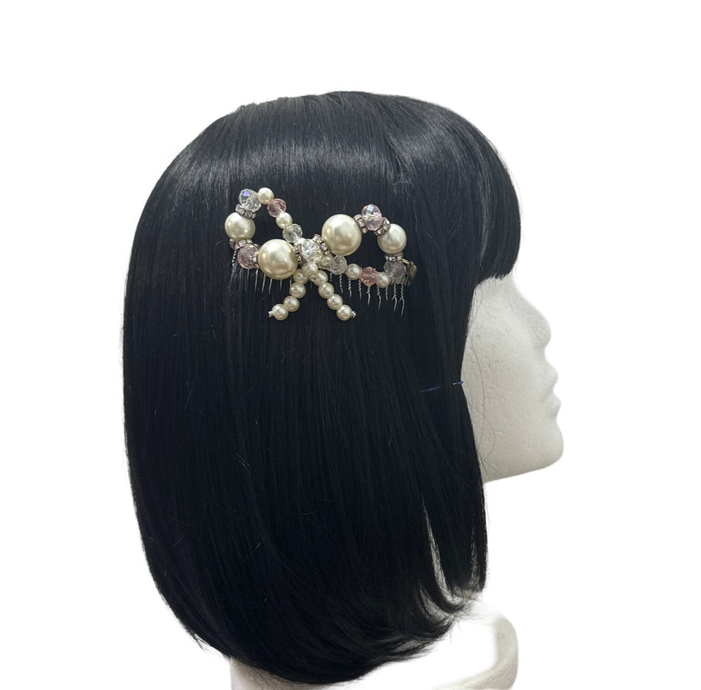 DP-131  BOW / GLASS PEARLS BEADS/PINK-CLEAR GLASS BEADS/W/ GLASS DIAMONDS