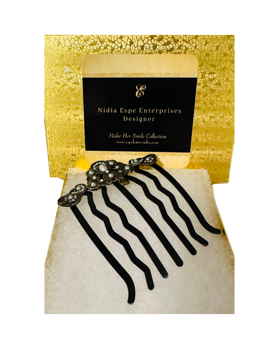 DP-296 MARQUEZA | BRONZE BEADS WITH SHINY STONES AND GRAY PEARLS BEADS IN BLACK METAL HAIRCOMBS