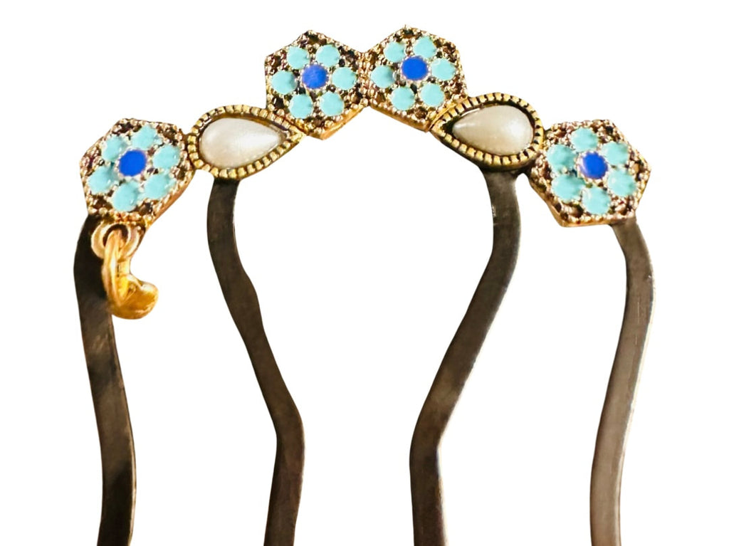 DP-307 AGATHA | LIGHT BLUE, DARK BLUE FLOWERS AND GRAY DROPS BEADS IN GOLD METAL