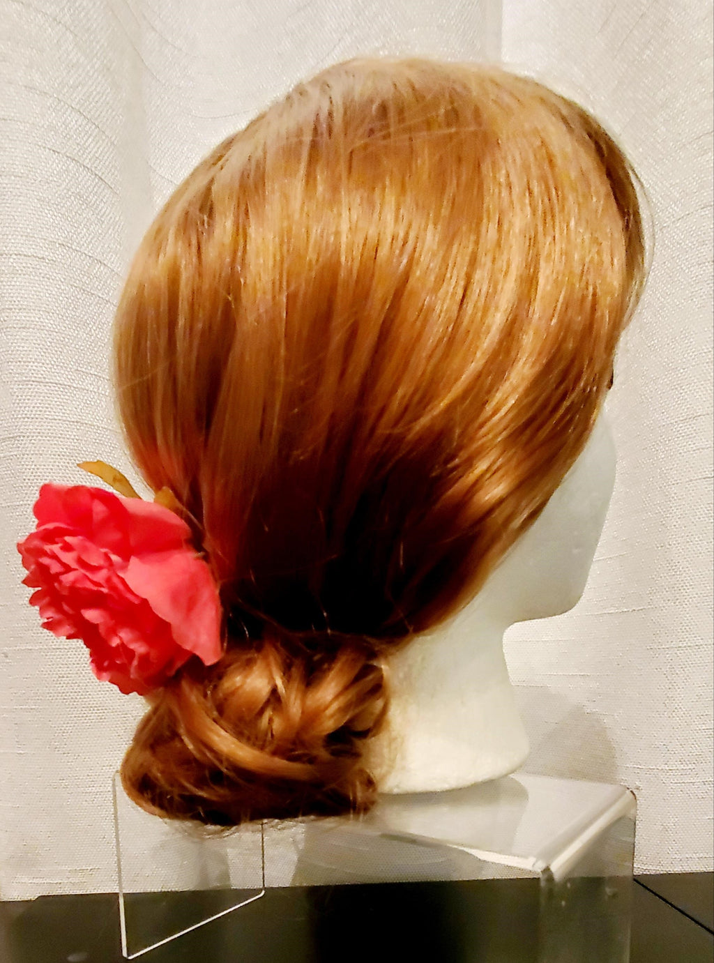 DP-170  ROSETTE | FABRIC HOT PINK FLOWER W/GREEN LEAVE AND W/GOLD BEADS