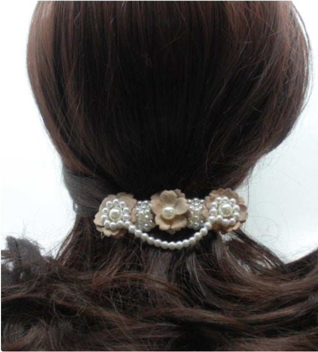 DP-198  ZENITH | FABRIC FLOWERS IN KHAKI COLOR WITH WHITE PEARLS