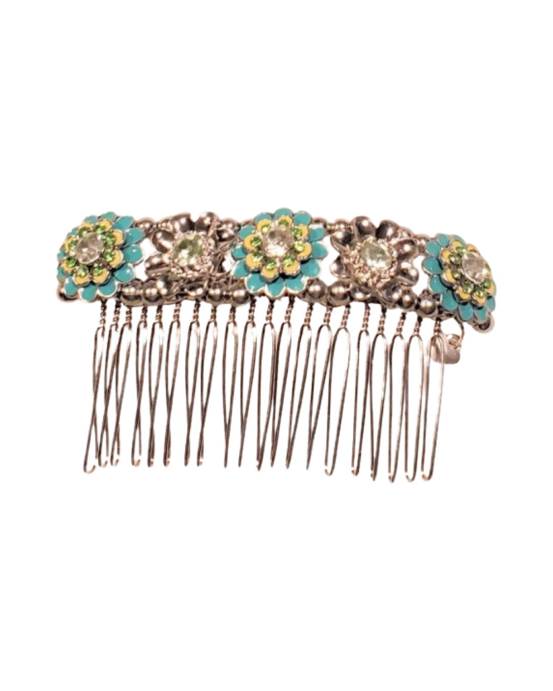 DP-139  SERENITY /SILVER-GREEN METAL FLOWERS W/GLASS DIAMONDS