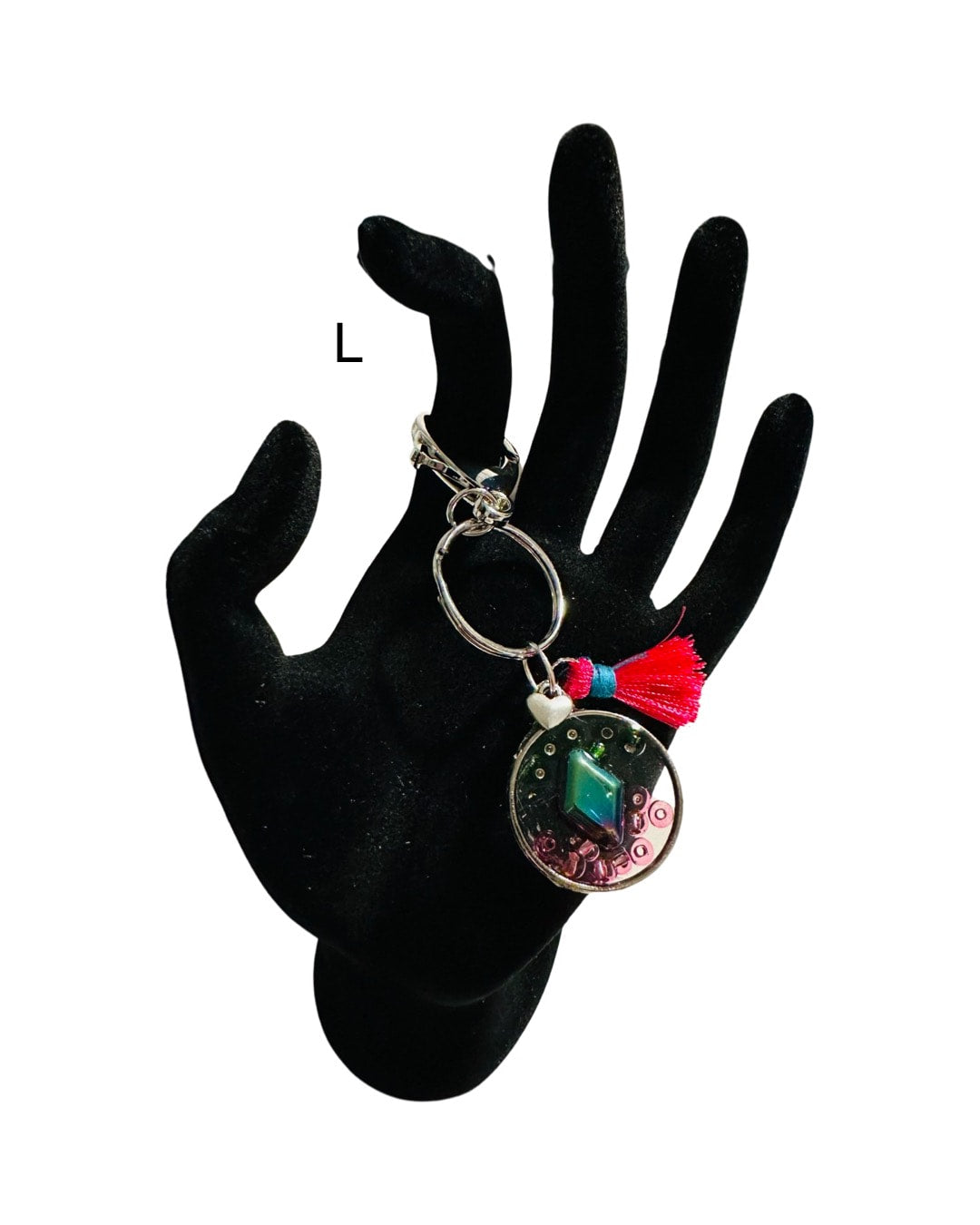 DP-271   SOUVENIR | SMALL(CHICO) KEYRING MADE WITH COLORFUL BEADS, GLITTER, SEQUENCES AND RESIN IN SILVER METAL