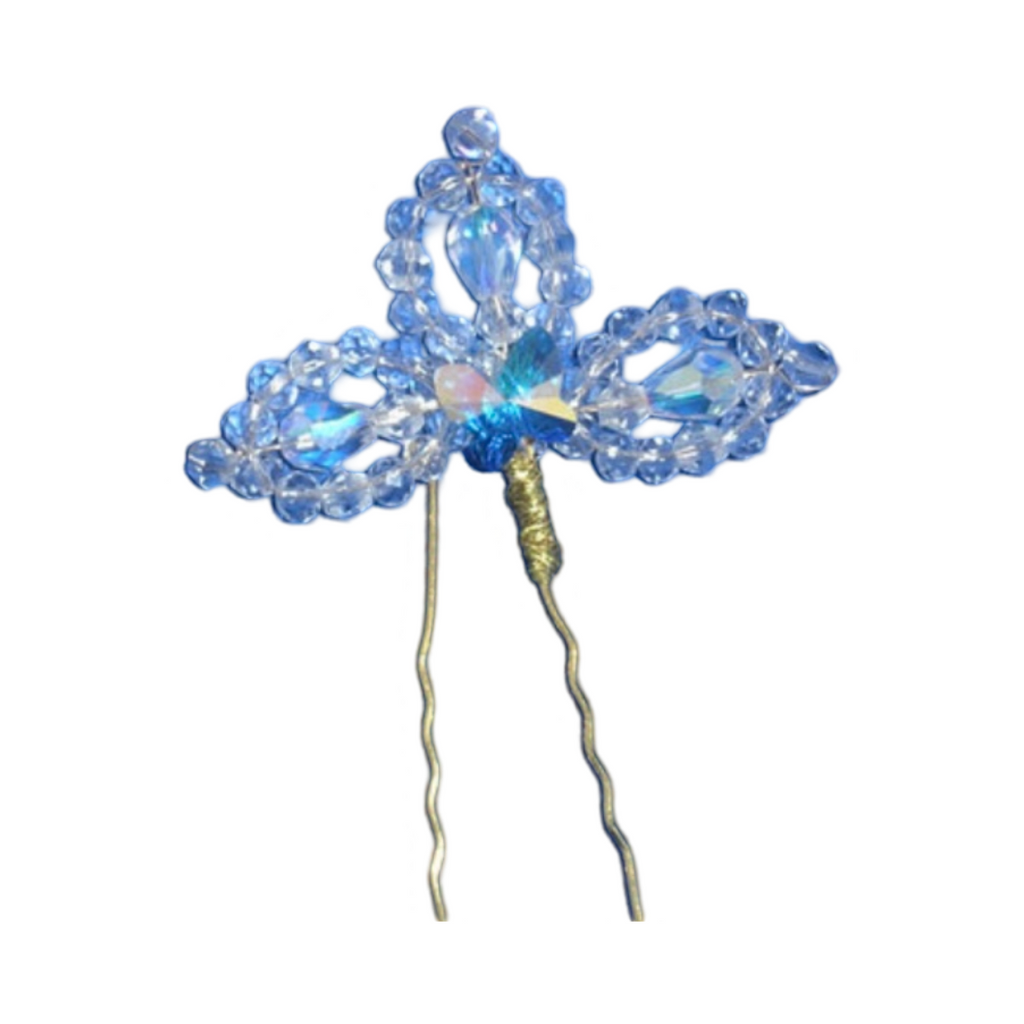 DP-234B  INSPIRATION | A PAIR OF GLASS BEADS HAIR PINS WITH A CRYSTAL BUTTERFLY-GOLD