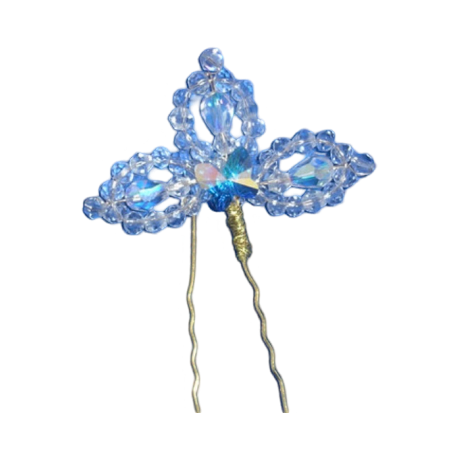 DP-234B  INSPIRATION | A PAIR OF GLASS BEADS HAIR PINS WITH A CRYSTAL BUTTERFLY-GOLD