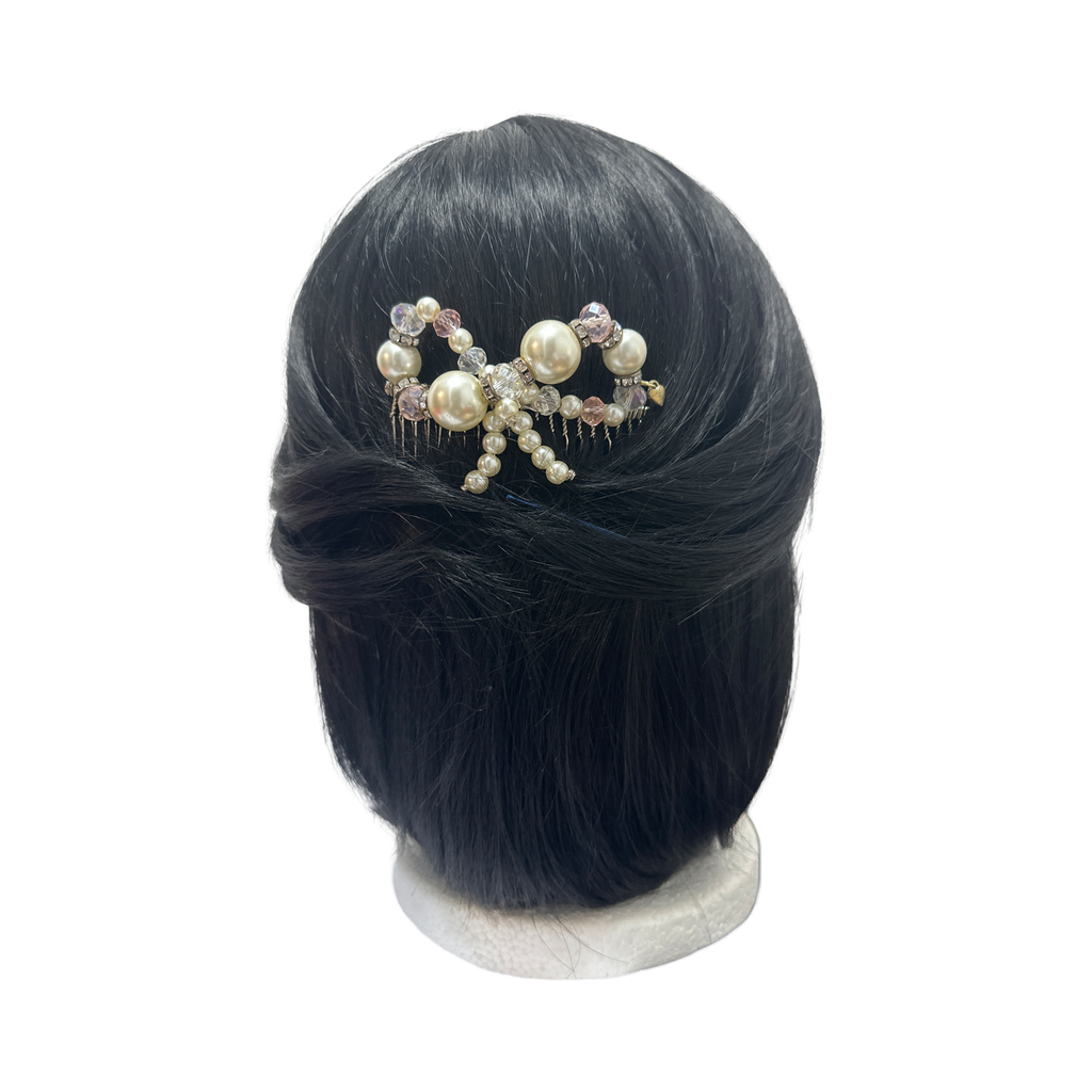 DP-131  BOW / GLASS PEARLS BEADS/PINK-CLEAR GLASS BEADS/W/ GLASS DIAMONDS