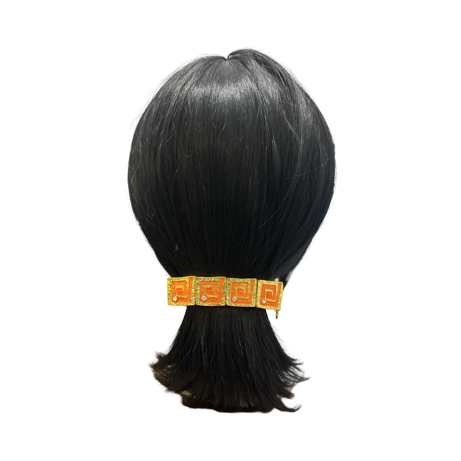 DP-215  GREEK KEY | BRIGHT GOLD METAL IN ORANGE COLOR WITH SPARKLY GLASS DIAMONDS