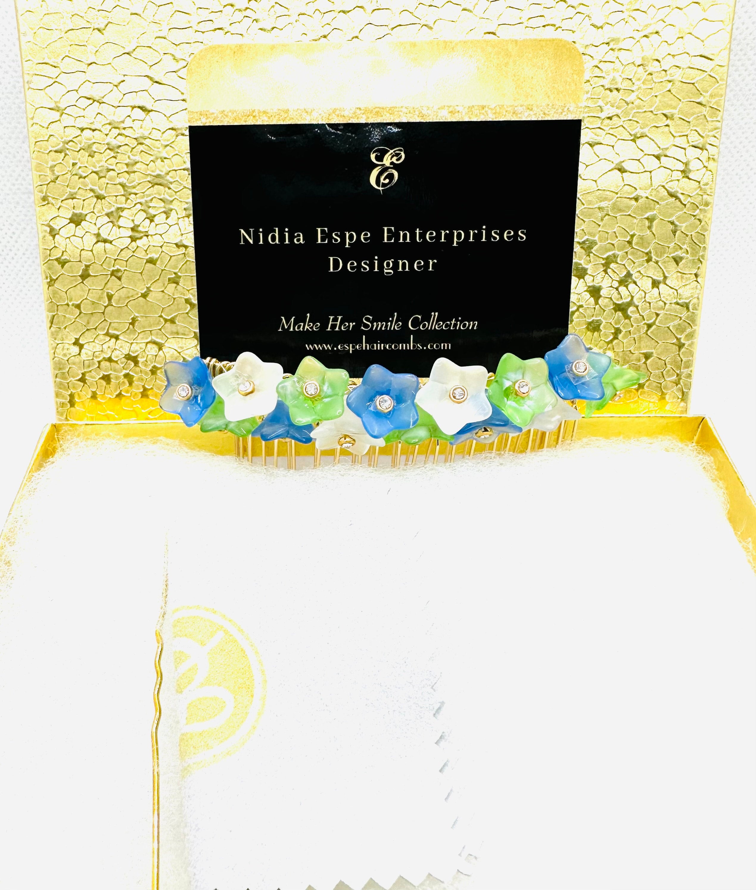 DP-274 BELIEVE | GREEN , BLUE & WHITE GLASS FLOWERS WITH GLASS DIAMONDS.