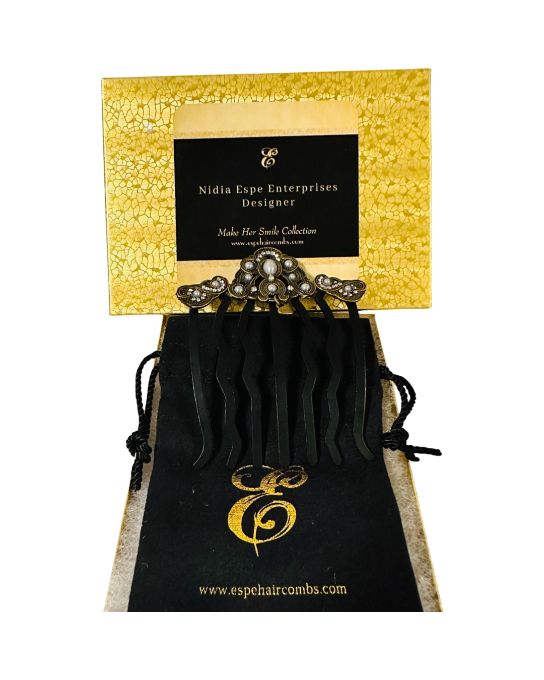 DP-296 MARQUEZA | BRONZE BEADS WITH SHINY STONES AND GRAY PEARLS BEADS IN BLACK METAL HAIRCOMBS