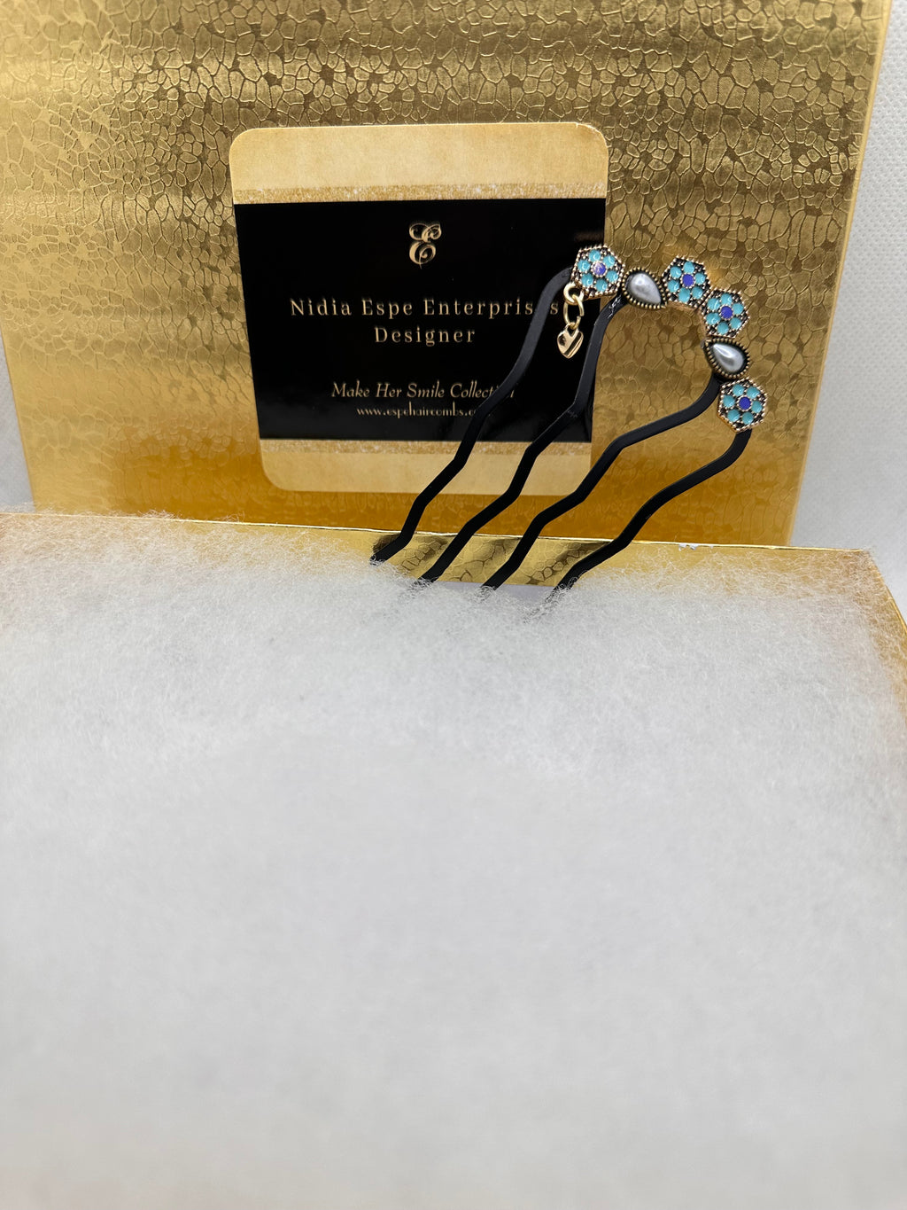 DP-307 AGATHA | LIGHT BLUE, DARK BLUE FLOWERS AND GRAY DROPS BEADS IN GOLD METAL