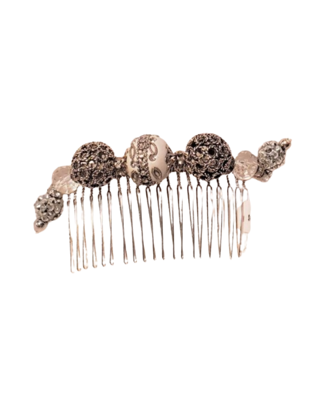 DP-103  UNIQUE/SILVER WHITE SPHERA-CLEAR-BEADS W/GLASS DIAMONDS AND BEAUTIFUL DETAILS