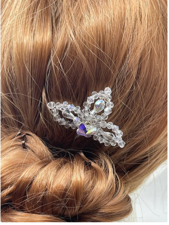 DP-234A  INSPIRATION | A PAIR OF GLASS BEADS HAIR PINS WITH A CRYSTAL BUTTERFLY-SILVER