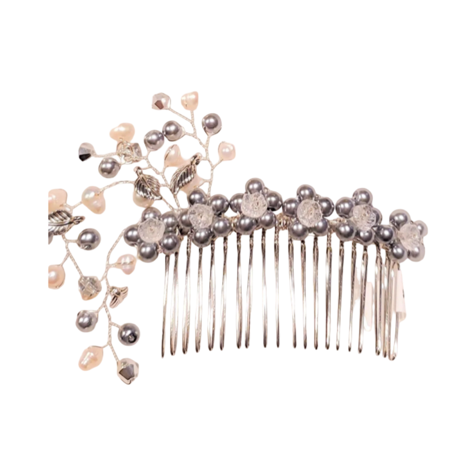 DP-52  ESPERANZA/GLASS GRAY PEARLS WHITE PEARLS-SILVER GLASS-CRYSTAL FLOWERS-SILVER METAL LEAVES