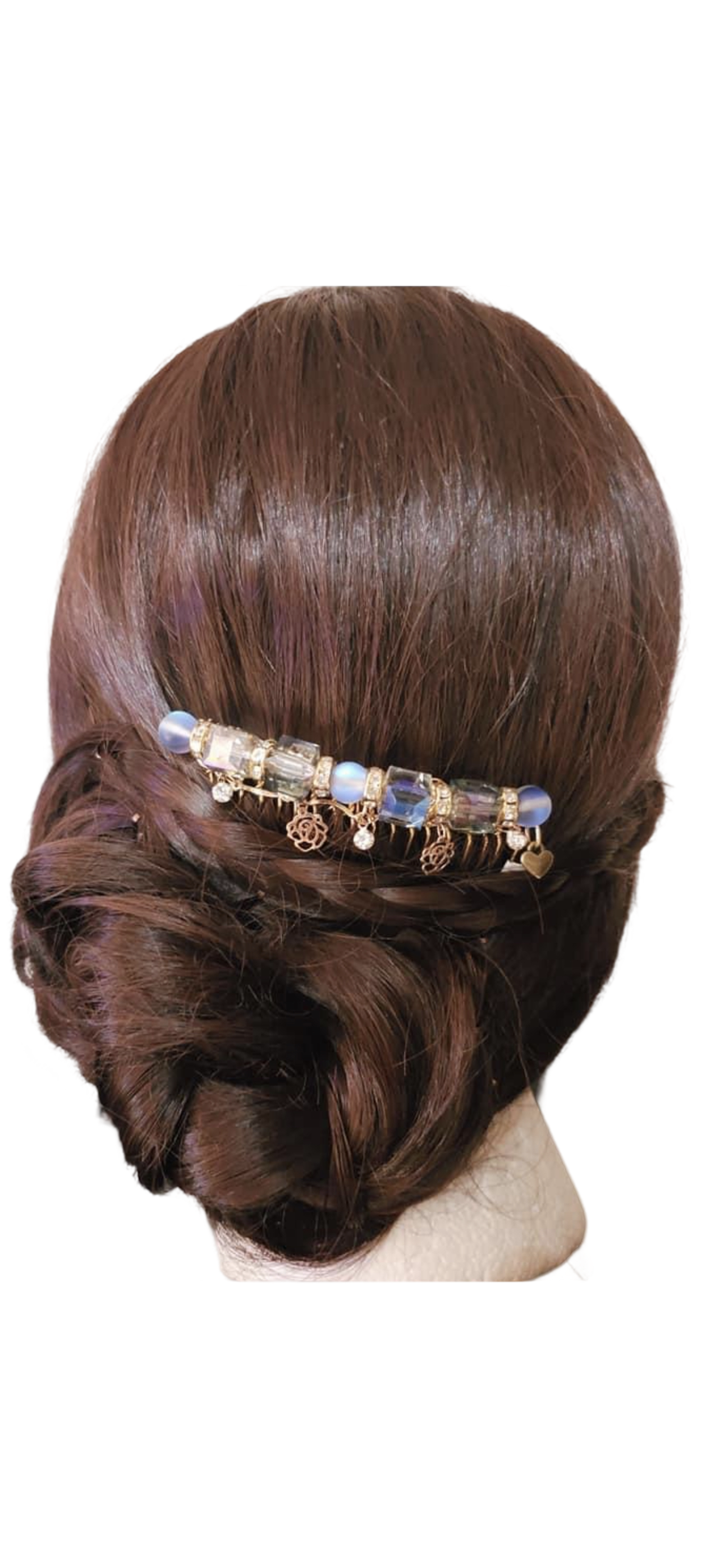 DP-96  OCEAN BLUE 2  / BLUE GLASS BEADS- GLASS DIAMONDS-GOLD FLOWERS