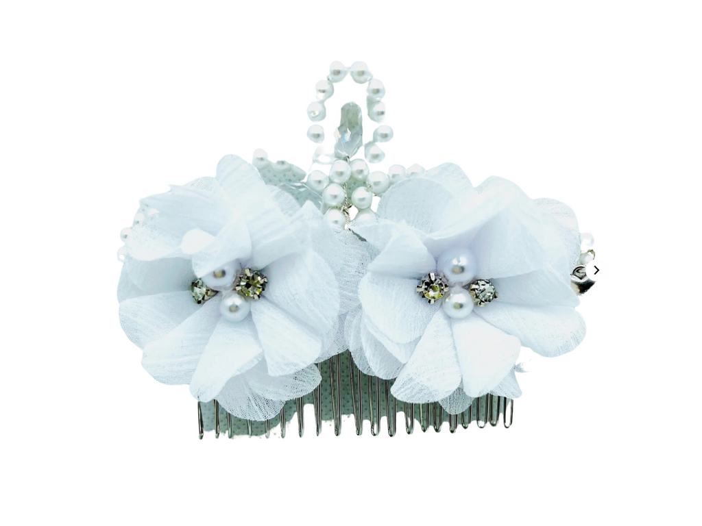DP-241 CANON | WHITE FABRIC FLOWERS WITH PEARLS, DIAMONDS AND CRYSTAL BEADS