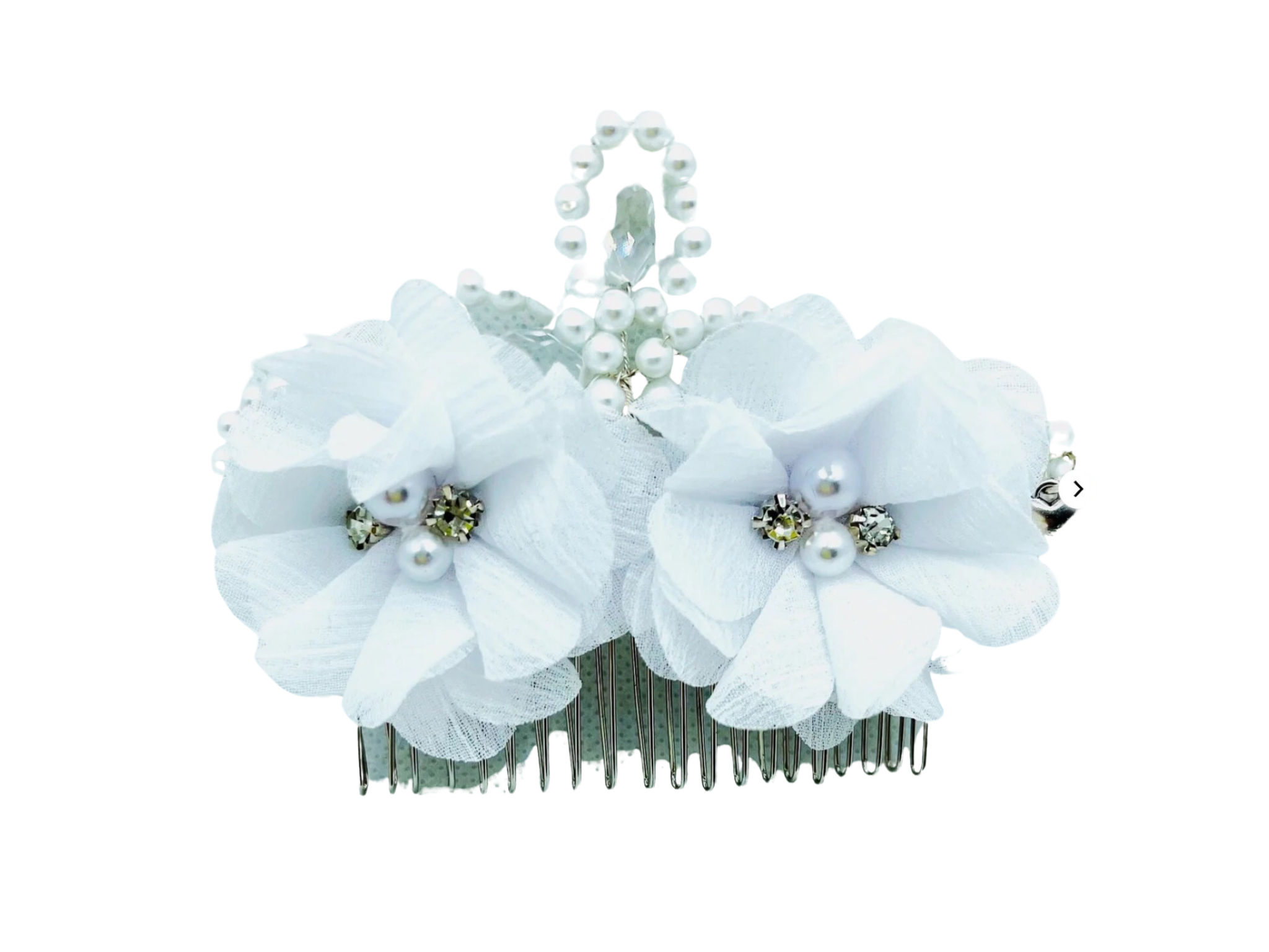 DP-241 CANON | WHITE FABRIC FLOWERS WITH PEARLS, DIAMONDS AND CRYSTAL BEADS
