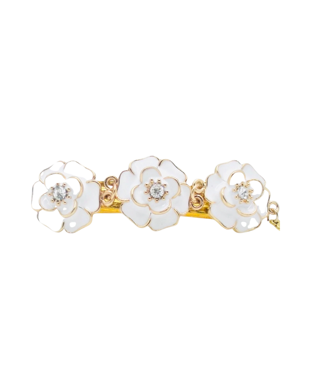 DP-232  LE FLEURS | WHITE FLOWERS GOLD METAL BASE AND GLASS DIAMONDS