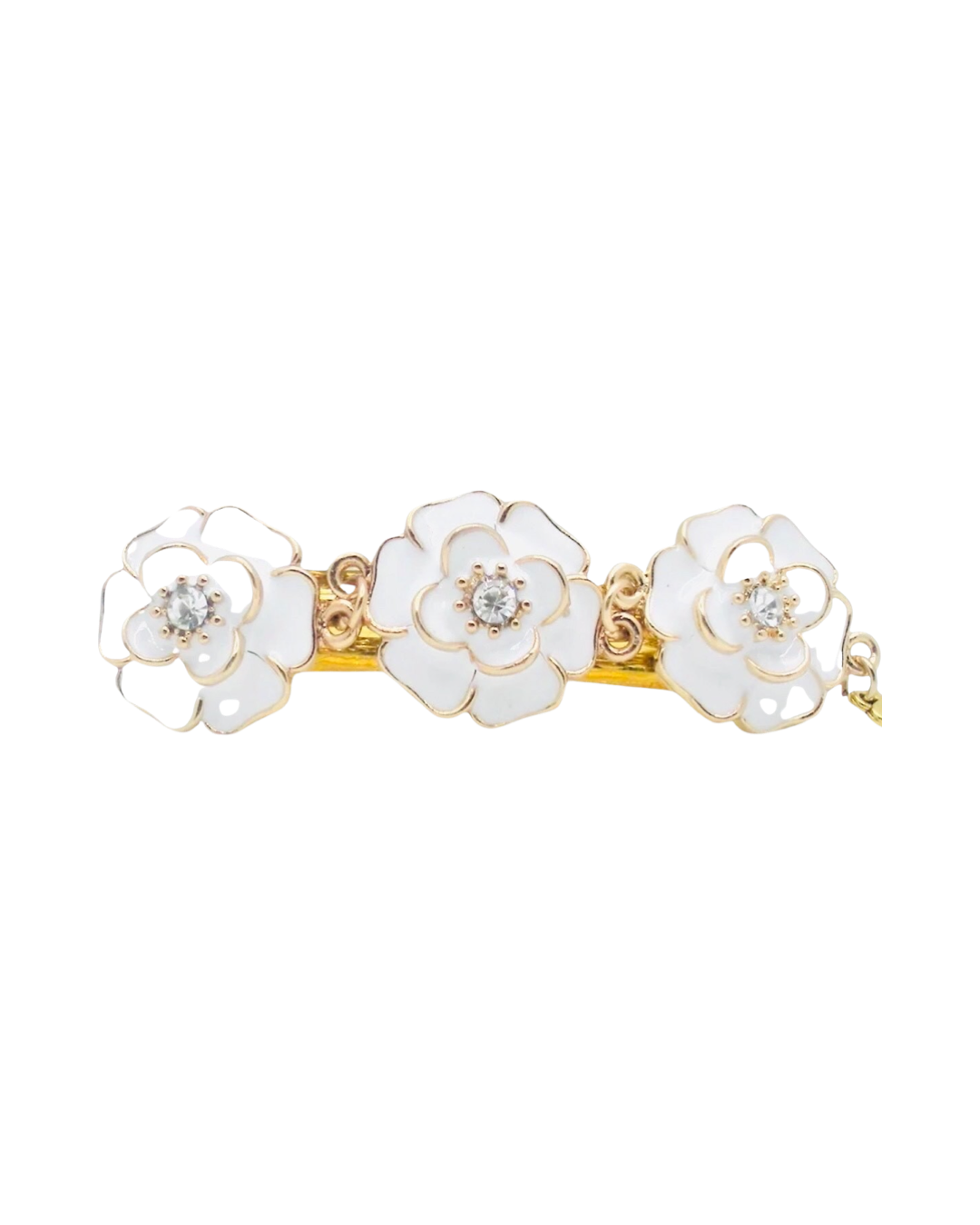 DP-232  LE FLEURS | WHITE FLOWERS GOLD METAL BASE AND GLASS DIAMONDS