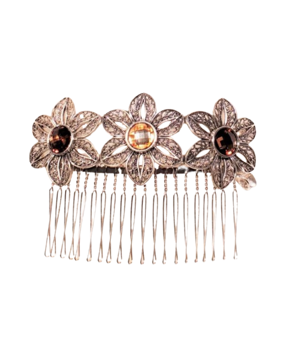 DP-130  FLOURISHING/SILVER METAL FLOWERS W/BROWN & YELLOW BEADS