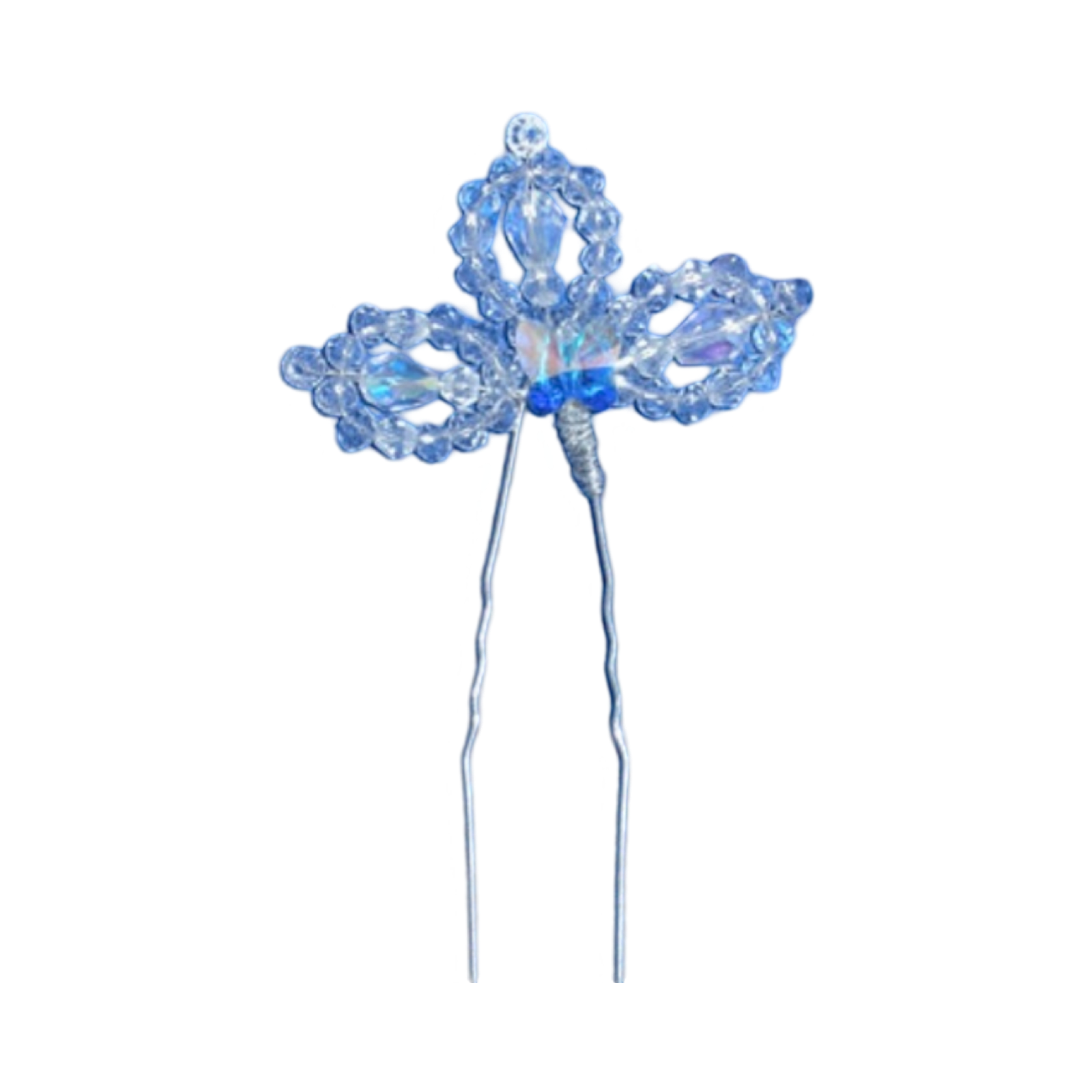 DP-234A  INSPIRATION | A PAIR OF GLASS BEADS HAIR PINS WITH A CRYSTAL BUTTERFLY-SILVER