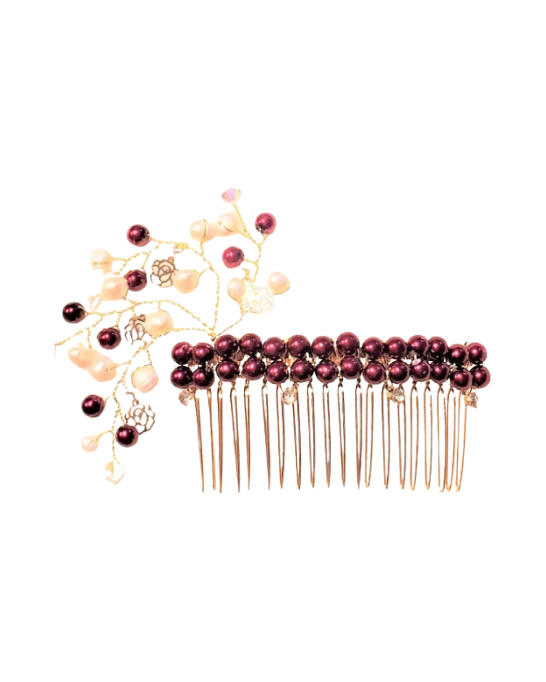 DP-124  ESPERANZA/GLASS PEARLS/BURGUNDY PEARLS/GOLDEN FLOWERS/GLASS DIAMONDS