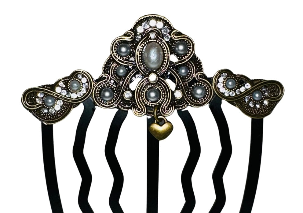 DP-296 MARQUEZA | BRONZE BEADS WITH SHINY STONES AND GRAY PEARLS BEADS IN BLACK METAL HAIRCOMBS