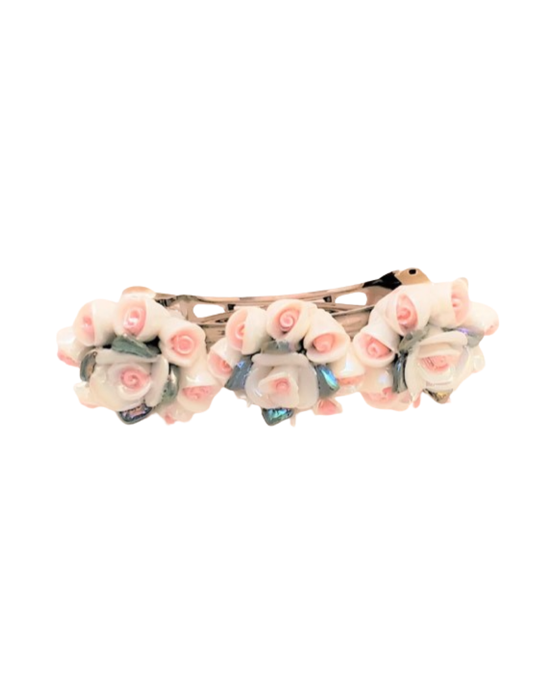 DP-146  CORSAGE/CERAMIC FLOWERS PINK WHITE CLIP 80mm