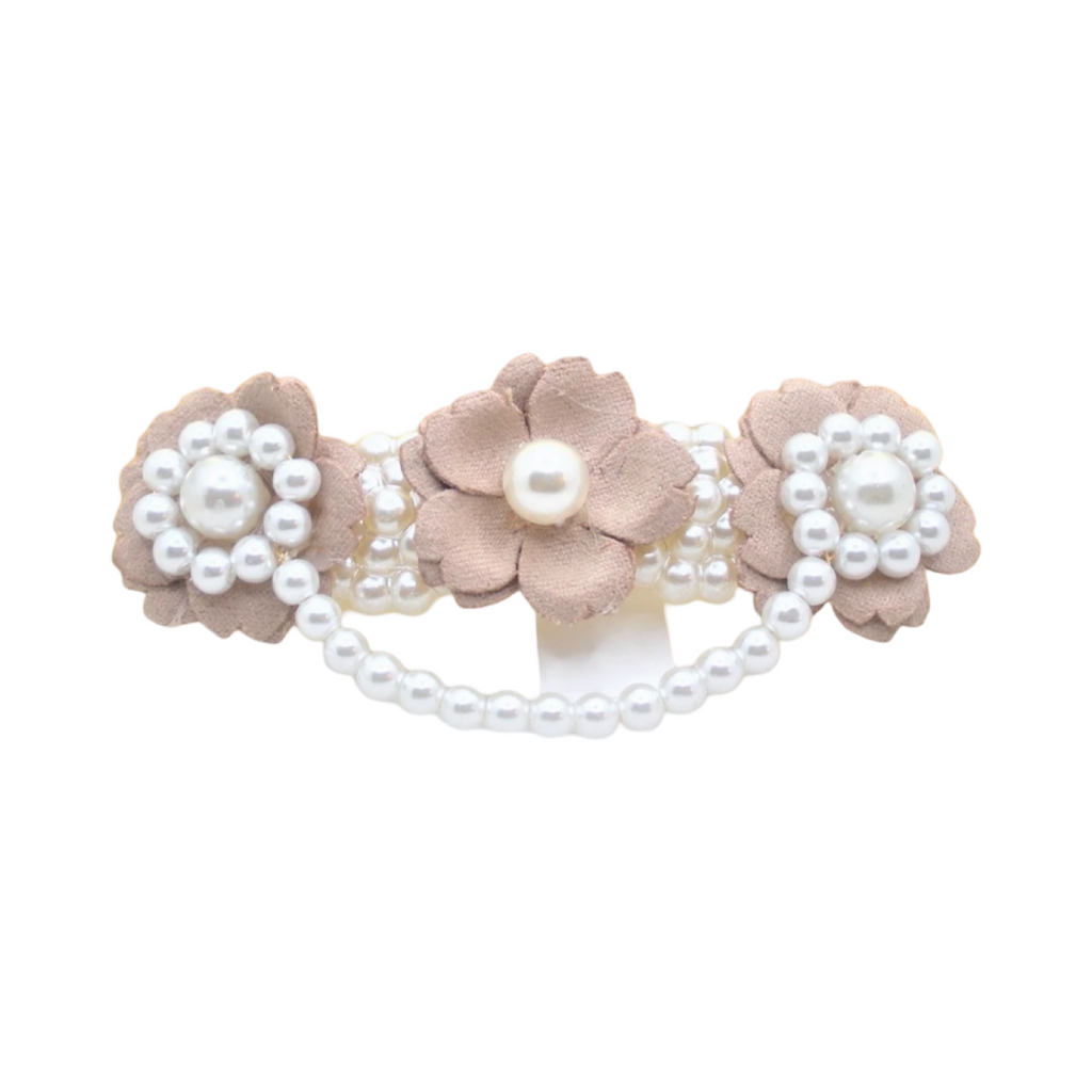DP-198  ZENITH | FABRIC FLOWERS IN KHAKI COLOR WITH WHITE PEARLS